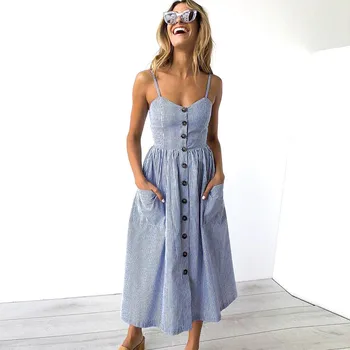 Vintage Casual Sundress Kadın Plaj Elbise Midi Düğmesi Backless Polka Dot Çizgili Kadın Elbise Yaz 2020 Boho Seksi Çiçek Elbise