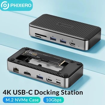 PHIXERO USB C Yerleştirme İstasyonu ile Uyumlu USB-A 3.2 Gen2 M. 2 NVMe SATA SSD Durumda Ethernet 10Gbps 100W PD USB Hub SD / TF