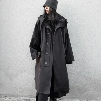 İlkbahar Sonbahar Uzun Büyük Boy Siyah Trençkot Hood ile Koyu Academia Estetik Lüks tasarımcı kıyafetleri Kadınlar için 2022