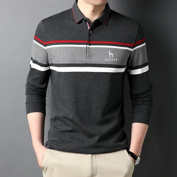 HAZZYS erkek Golf Giyim Sonbahar / Kış İnce Uzun Kollu Çizgili POLO tişört Kore Versiyonu Renk Patchwork Yaka Gömlek