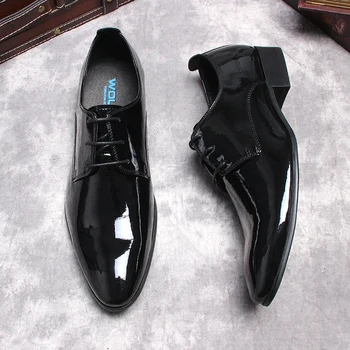 Italyan Bordo Siyah Hakiki Deri oxford Elbise Ayakkabı Patent Deri Lace Up Takım Elbise Ayakkabı Ayakkabı Düğün Resmi erkek ayakkabıları