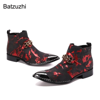 Batzuzhi Erkek Deri yarım çizmeler El Yapımı Sivri Metal Ayak Siyah Kırmızı kısa çizmeler Erkekler için Parti ve Düğün / Motosiklet! 6-12 ABD Doları