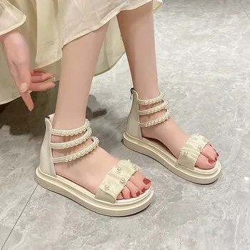 2023 Yaz kadın Sandalet Yeni Yuvarlak Kafa Fermuar Düz Tabanlı Moda Tatlı Tarzı İnci Burnu açık Çok Yönlü Sandalet