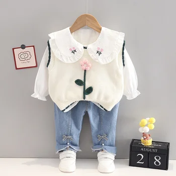 2023 Bahar Yenidoğan Bebek Kız Giysileri Kıyafet Setleri Örme Yelek Gömlek Yay Kot Takım Elbise Kızlar için Bebek Giyim Doğum Günü Giyim Setleri