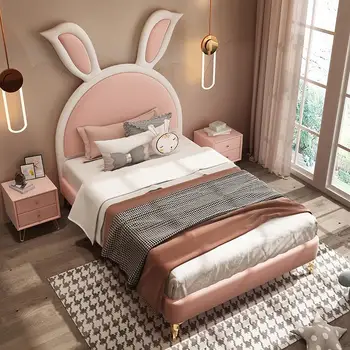 Pembe Kız çocuk yatağı Deri Ve katı ahşap yumuşak yatak odası mobilyası Çocuklar İçin Sevimli Karikatür Tavşan Kulak Prenses Yatak Tek Kız Yatak