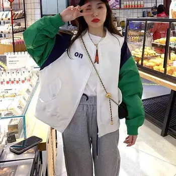 Rahat Beyzbol Ceket Streetwear Bayan Beyzbol Ceket Renk Eşleştirme Zip Up Yumuşak Pürüzsüz Elastik Manşet Standı Yaka Gevşek Şık