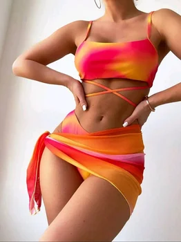 2023 Yeni kadın Kravat Boyalı bikini seti Bayanlar Push Up Yastıklı Mayo Seksi Bölünmüş Baskı Yüksek Bel Bikini Moda Örgü Mayo