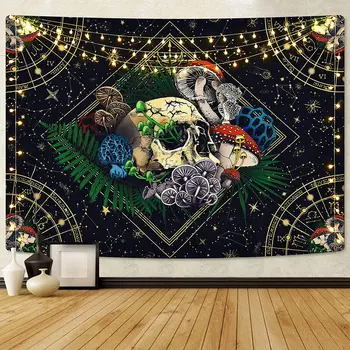 Kafatası Renkli Mantar Goblen Takımyıldızı Siyah Yıldızlı Goblen Trippy Tarot Goblen Duvar Asılı Odası Dekor için 230x150cm