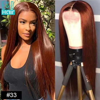 Kumral Kahverengi Düz Dantel Frontal insan saçı peruk Kadınlar İçin Kırmızımsı Kahverengi # 33 Renkli Brezilyalı Dalgalı Dantel Kapatma Peruk Önceden Koparıp