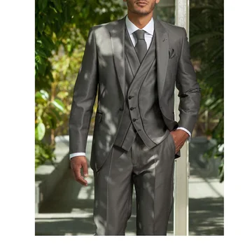 Erkek Takım Elbise Terno Blazer Düğün İçin Koyu Gri Ceket Pantolon Yelek Tek Göğüslü Doruğa Yaka Üç Parçalı Zarif Kostüm Homme