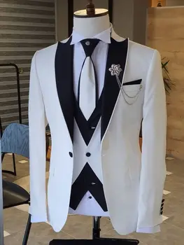 Son Tasarım Beyaz Kostüm Homme Erkek Takım Elbise Siyah Tepe Yaka Düğün Smokin Balo Damat 3 Parça Slim Fit Blazer Yelek Pantolon
