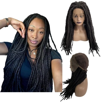 20 İnç Uzun Sentetik Saç #1b Renk Dreadlocks 13x3.5 Dantel Ön Peruk Siyah Kadın için