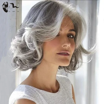 Kısa Karışık Gümüş Gri Beyaz Sentetik Bob Dalga Saç Peruk Kadınlar İçin Yan Kısmı Doğal Dalga Kıvırcık ısıya dayanıklı iplik Günlük Peruk