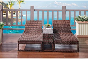 Açık Veranda Güverte Yatak Balkon Eğlence Rattan Şezlong Villa Yüzme Havuzu Katlanır Rattan plaj sandalyesi