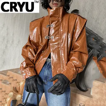 CRYU Moda İki Parçalı PU Deri Ceket Yakışıklı PU Deri Gevşek Ceket Metal Düğme 2023 Bahar Düz Renk Erkek Üstleri