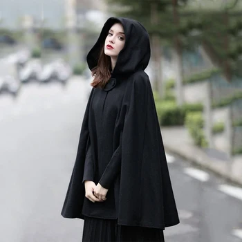 Kapşonlu Kadınlar Gotik Siyah Boy Düz Renk Pelerinler Pançolar Indie Tarzı Gevşek Moda Giyim Kış Giysileri Y2K Ceket Goth
