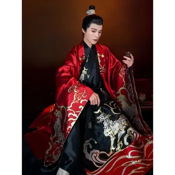 Hanfu Erkekler Antik Çin Geleneksel Nakış Hanfu Setleri Erkek Cosplay Kostüm Kırmızı Siyah Ceket Hanfu 2 adet Setleri Erkekler Artı Boyutu