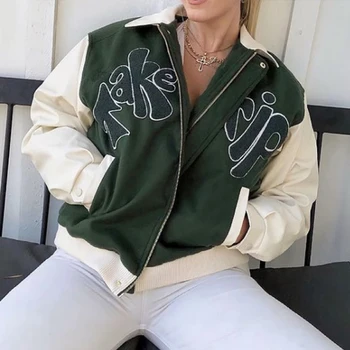 Sonbahar Bir GEZİ Bombacı Ceket Kadın Mektubu Aplike Gevşek Beyzbol Ceket 2021 Yeni Çim Yeşil Ceket Giyim Kontrast Kollu
