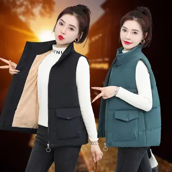 Kadın Yelek Pamuk Yastıklı Standı Yaka Slim Fit Kolsuz Ceket Siyah Sonbahar Kış Peluş Astar Yelek Streetwear Q401