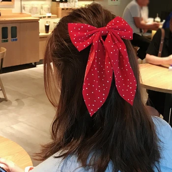 Kelebek Polka Dot Baskı Büyük Yay Saç Klipleri Yay Düğümlü Uzun Şerit Şifon Firkete Kadınlar Kızlar için saç aksesuarları Kafa Bandı