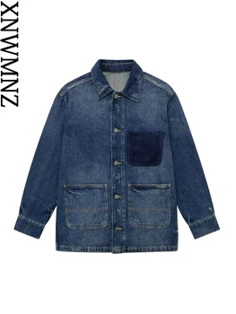 XNWMNZ 2023 Kadın Moda Cep Denim Overshirt Kadın Vintage Yaka Uzun Kollu Cep Ön Düğme Üst Kadın Ceket Ceket