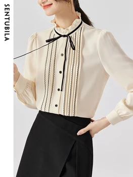 Sentubila Dantel-up Fırfır Yaka Uzun Kollu Gömlek Kadınlar için 2023 İlkbahar Sonbahar Kayısı Pilili Ofis Bayanlar Zarif Bluz Üst