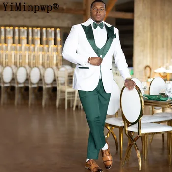 Yeşil Düğün Takımları Erkekler için Tepe Yaka Bir Düğme Damat Giyim Kostüm Homme Mariage Blazer Smokin Takım Elbise 3 Parça Ceket + Yelek + Pantolon