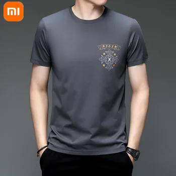 Yeni Xiaomi Merserize pamuklu tişört Erkekler cilt dostu Nefes Ter emme Baskılı Yuvarlak Boyun Rahat Kısa kollu 2023