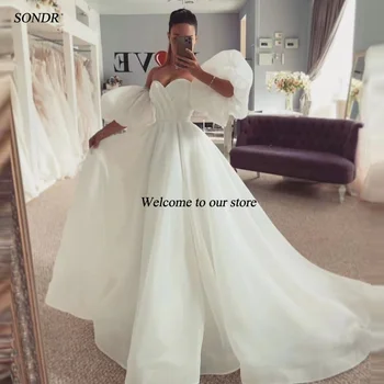 SONDR Kapalı Omuz Gelin Elbiseler Kabarık Kollu Custom Made Organze A-Line düğün elbisesi Robe De Mariée gece elbisesi Gelin