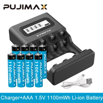 PUJIMAX 4 Adet aaa Şarj Edilebilir li-ion pil 1.5 V 3A 1100mWh+Akıllı LCD Lityum pil şarj cihazı İle Pil Kutusu + Kablo