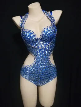 Gece kulübü Sahne Performansı Kıyafet Mavi Büyük Kristaller Sutyen Düşük Yaka Bodysuit İki Adet Set Seksi dans kostümü Taklidi Parti