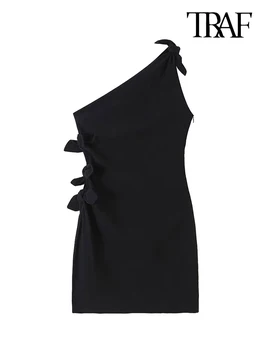 TRAF Kadın Moda Knot İle Asimetrik Mini Elbise Seksi Bir Omuz Geniş Sapanlar Kadın Elbiseler Vestidos Mujer