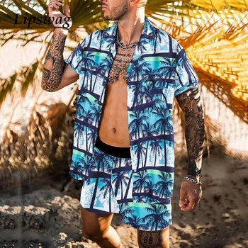 2021 Yaz Plaj Moda Leopar Baskı İki Parçalı Setleri Erkekler İçin Kısa Kollu Gömlek Ve İpli Şort Takım Elbise Rahat Erkek Kıyafet