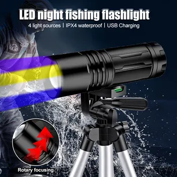 LED gece balıkçılık 4 ışık kaynakları mavi / beyaz / UV / sarı ışık USB şarj lambası su geçirmez yakınlaştırma Torch acil ışık el feneri