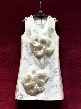 3D Çiçek Kolsuz evaze elbise High-End Gevşek Yuvarlak Boyun Zarif Kısa elbise Bayan 2023 Yaz Elbiseler Yeni kadın Giyim
