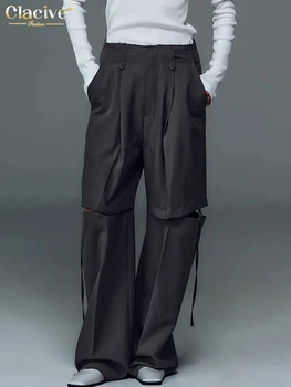 Clacive Moda Gevşek Gri kadın pantolonları 2023 Zarif Yüksek Bel Geniş Pantolon Streetwear Chic Eklenmiş Pantolon Oymak Kadın