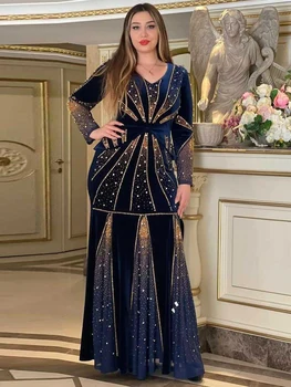 Zarif Kadın Kadife Elbiseler Dubai Afrika Kaftan Abayas Dashiki Elmas Uzun Kollu Elbise Düğün Parti Balo elbisesi Bayan Giyim