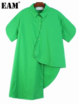 [EEM] Kadınlar Yeşil Düzensiz Hem Büyük Boy Uzun Bluz Yeni Yaka Kısa Kollu Gevşek Fit Gömlek Moda İlkbahar Yaz 2023 1DF6244