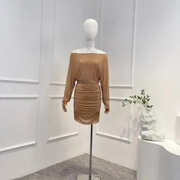 En Kaliteli Kadın Moda 2023 İlkbahar Yaz Lüks Katı Aplikler Kılıf Çapraz Yaka Mini Elbise için Parti