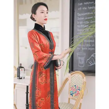 2023 yeni geliştirilmiş çin cheongsam tarzı çiçek baskılı ceket ilkbahar ve sonbahar yeni retro kadınlar zarif uzun qipao elbise s32