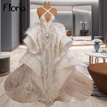 Lüks Dantel Fırfır Katmanlı düğün elbisesi Halter Boncuklu Tüy Mermaid gelinlikler Artı Boyutu Custom Made Dubai Robe de mariée
