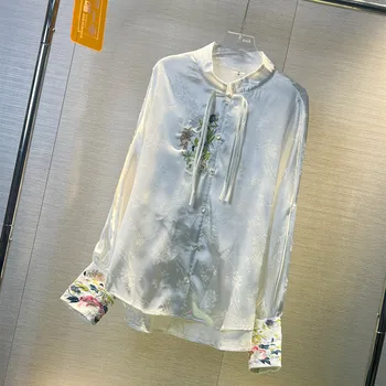 Vintage Tasarım Nakış Patchwork Gömlek Kadın Çin Tarzı Bahar Bluz Standı Yaka Bluz
