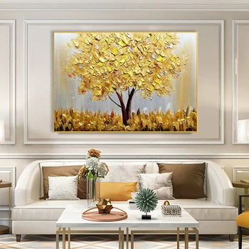 Soyut Yağlıboya Altın Ağacı El Boyalı Kalın Doku Tuval Üzerine Boyama Oturma Odası Modern Duvar Sanatı Dekorasyon Boyama